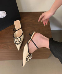 French Black Floral Splicing Slide Sandals Pointed Toe