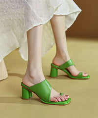 Elegant Splicing Chunky Heel Green Sheepskin Slide Sandals