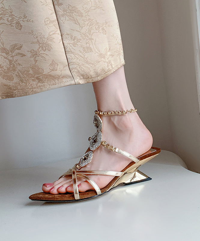 Fashion Gold Pointed Toe Wedge Sandals Zircon Peep Toe