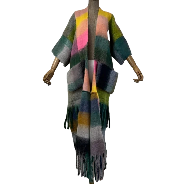 Colorful Fringed Trim Maxi Cardigan - WINI