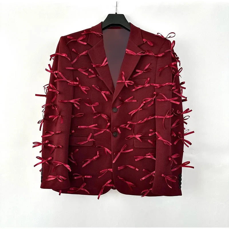 Spliced V-Neck 3D Bow Long Sleeved Blazer Jacket