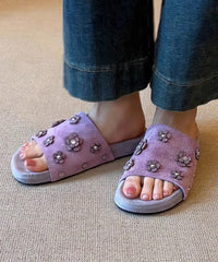 Fine Floral Splicing Purple Suede Slide Sandals Peep Toe