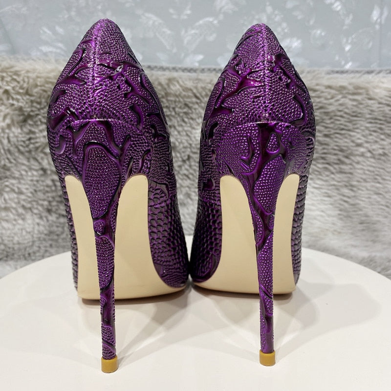 Purple Embossed Pointed-Toe Pumps Shoes