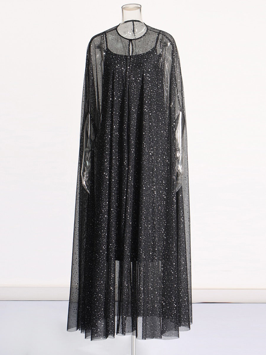 Diamond Mesh Cloak + Black Satin Dress Set