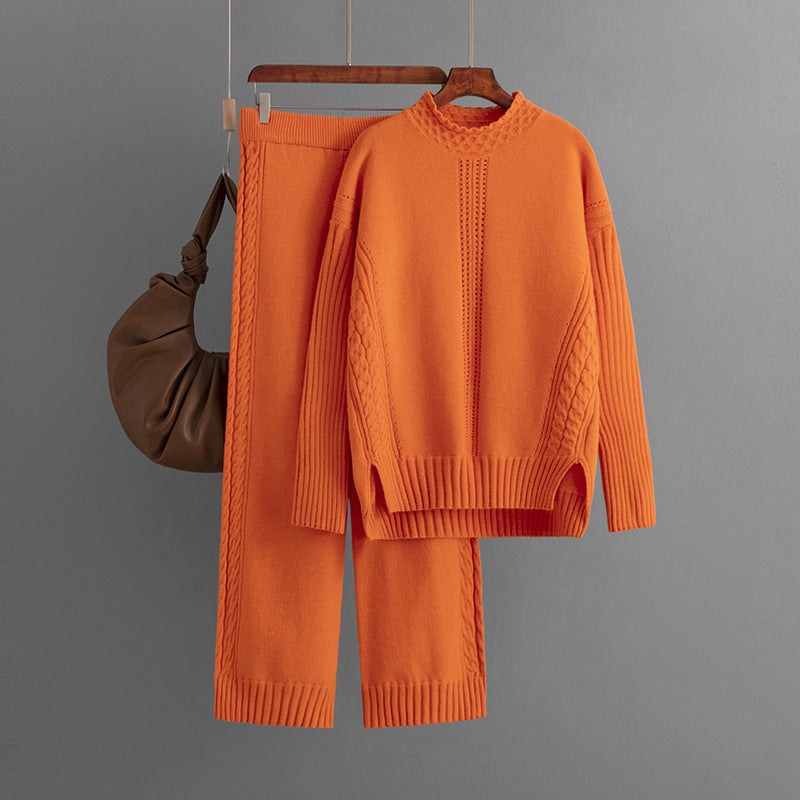 Casual Solid Loose Knit Sweater + Pants Set