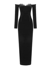 Pre Order:  Black Long Sleeved Lace Velvet Dress