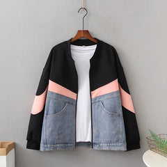 Denim Spliced Cotton Zip-Up Jacket