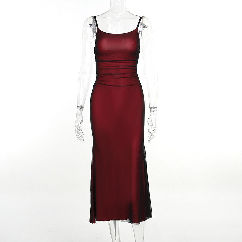 Mesh Overlay Slim Fit Suspender Dress