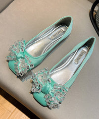 New Splicing Flat Shoes For Women Green Satin Bow Zircon