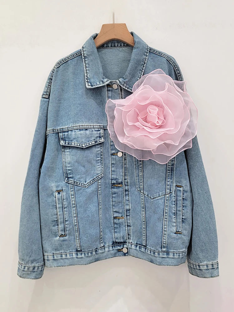 Spliced 3D Flower Long Sleeve Blue Denim Jacket