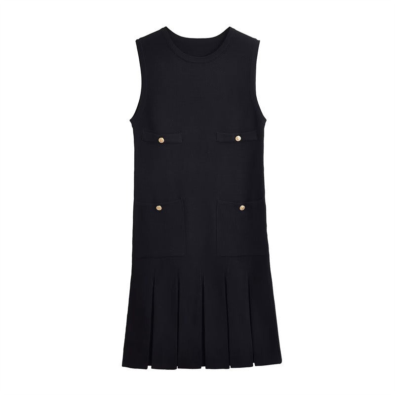 Knit Wide Pleated Button Mini Dress