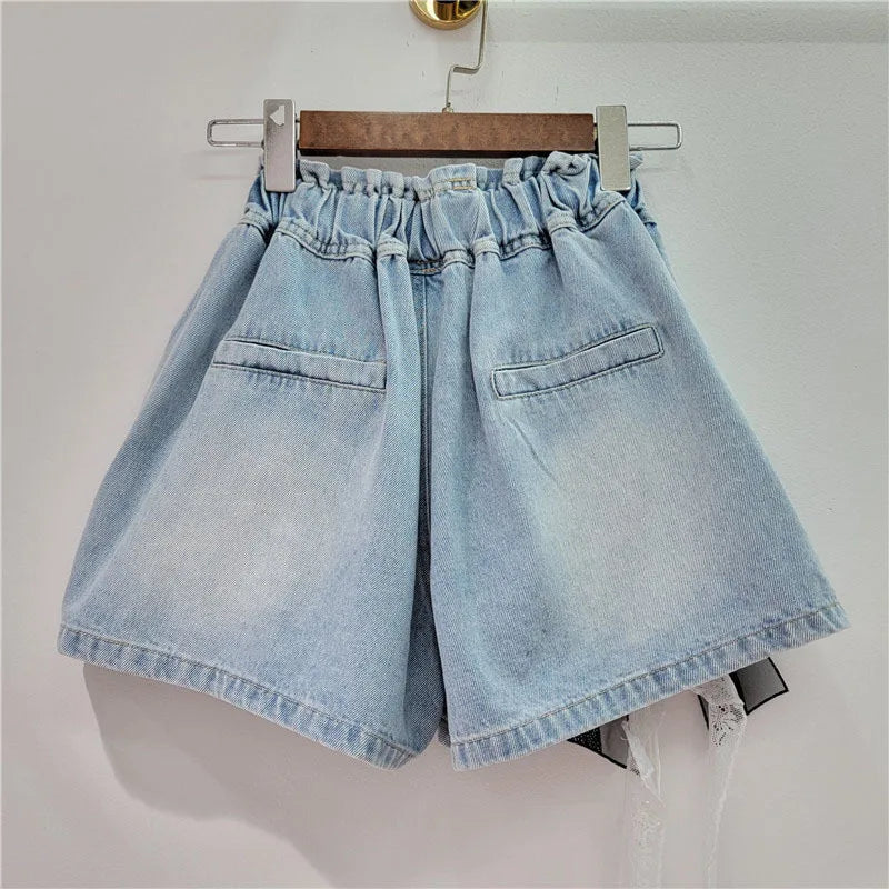 Hot Stamping 3D Butterfly Bow Wide Leg Denim Shorts