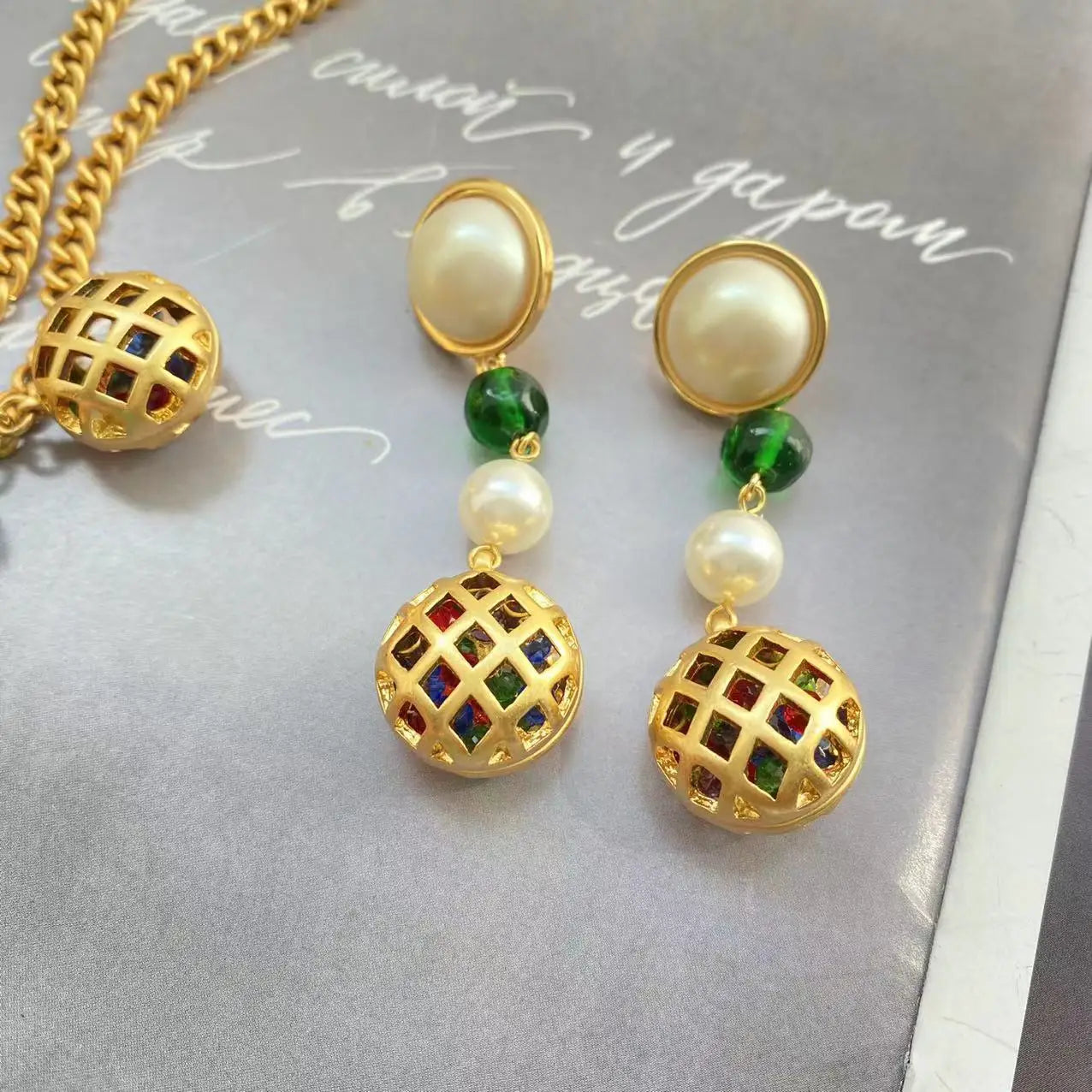 Classic Glass Bird Cage Necklace + Pearl Earrings Set