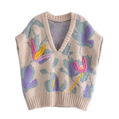 Casual Embroidered V-Neck Knitted Vest