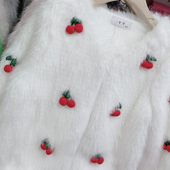 3D Cherry White Fur Jacket