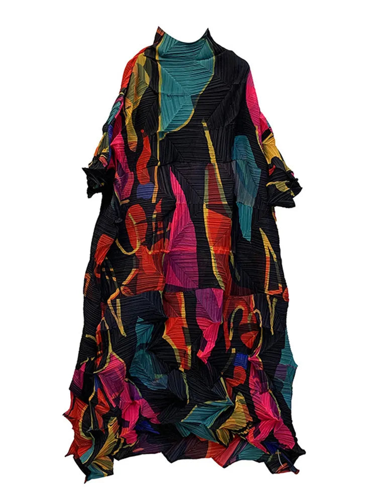 Color Block Turtleneck Long Pleated Dress