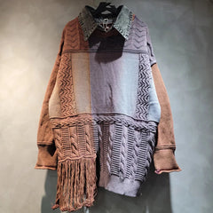 Tassel Splicing Denim Collar Long Sleeve Loose Knitted Sweater