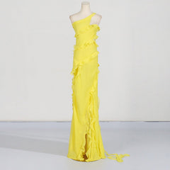 One Shoulder Ruffled Edge Hollow Maxi Dress