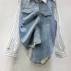 Denim Patchwork Striped Long Sleeved Shirt