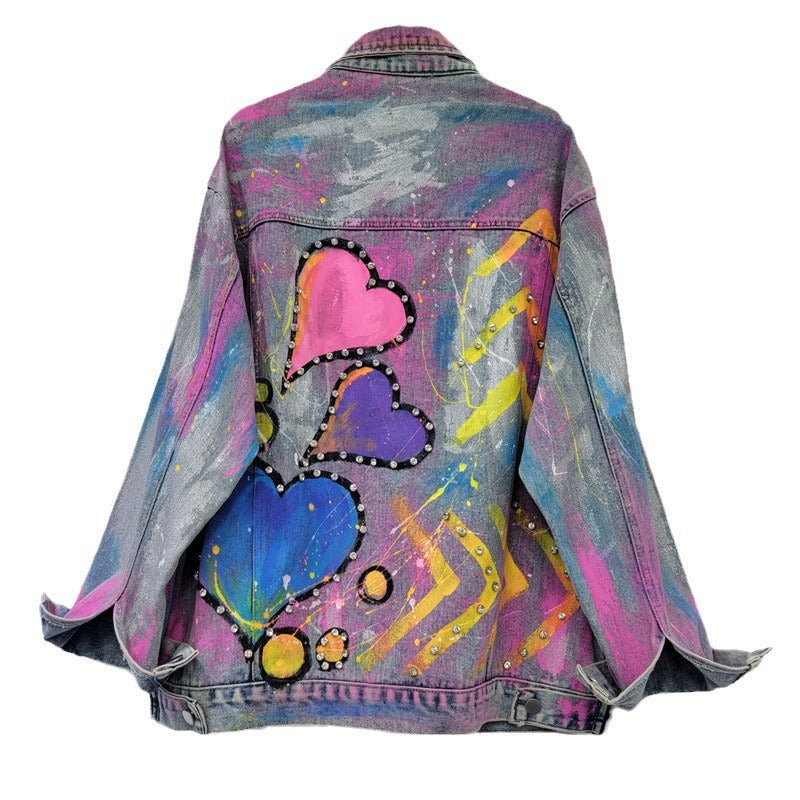 Colorful Heart Shaped Graffiti Hand Drawn Denim Jacket