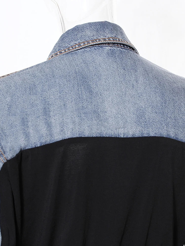Denim Drawstring Pleated V-Neck Long Sleeve Shirt