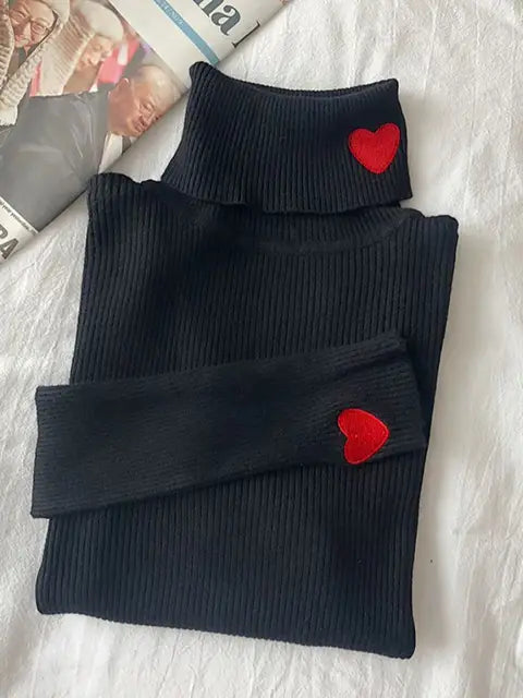 Hearts Turtleneck Ribbed Knitted Sweater
