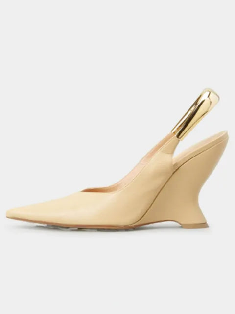 Curved Wedge Gold-Tone Slingback Pumps