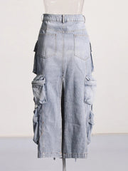 Denim Patchwork Pockets Back-Slit Skirt