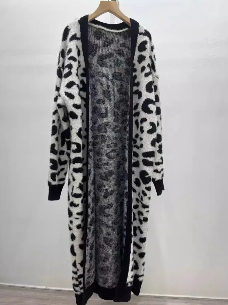 Animal Print Thick Long Loose Knit Cardigan