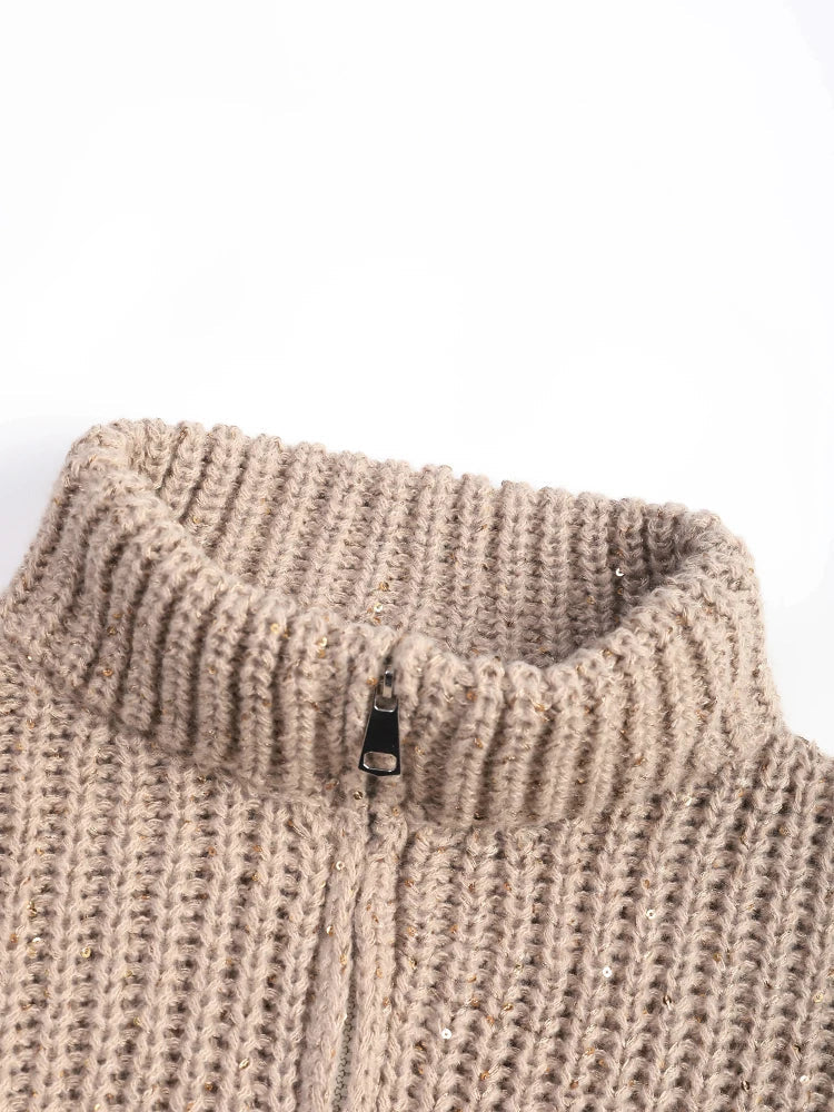 Gradient Sparkling Zip-Up Knit Cardigan