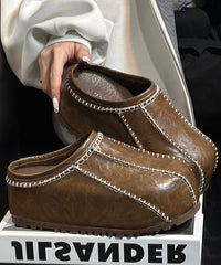 Casual Comfy Splicing Platform Black Cowhide Leather Slide Sandals