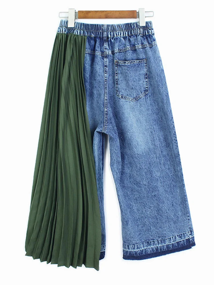 One-Sided Pleated Drape Denim Pants