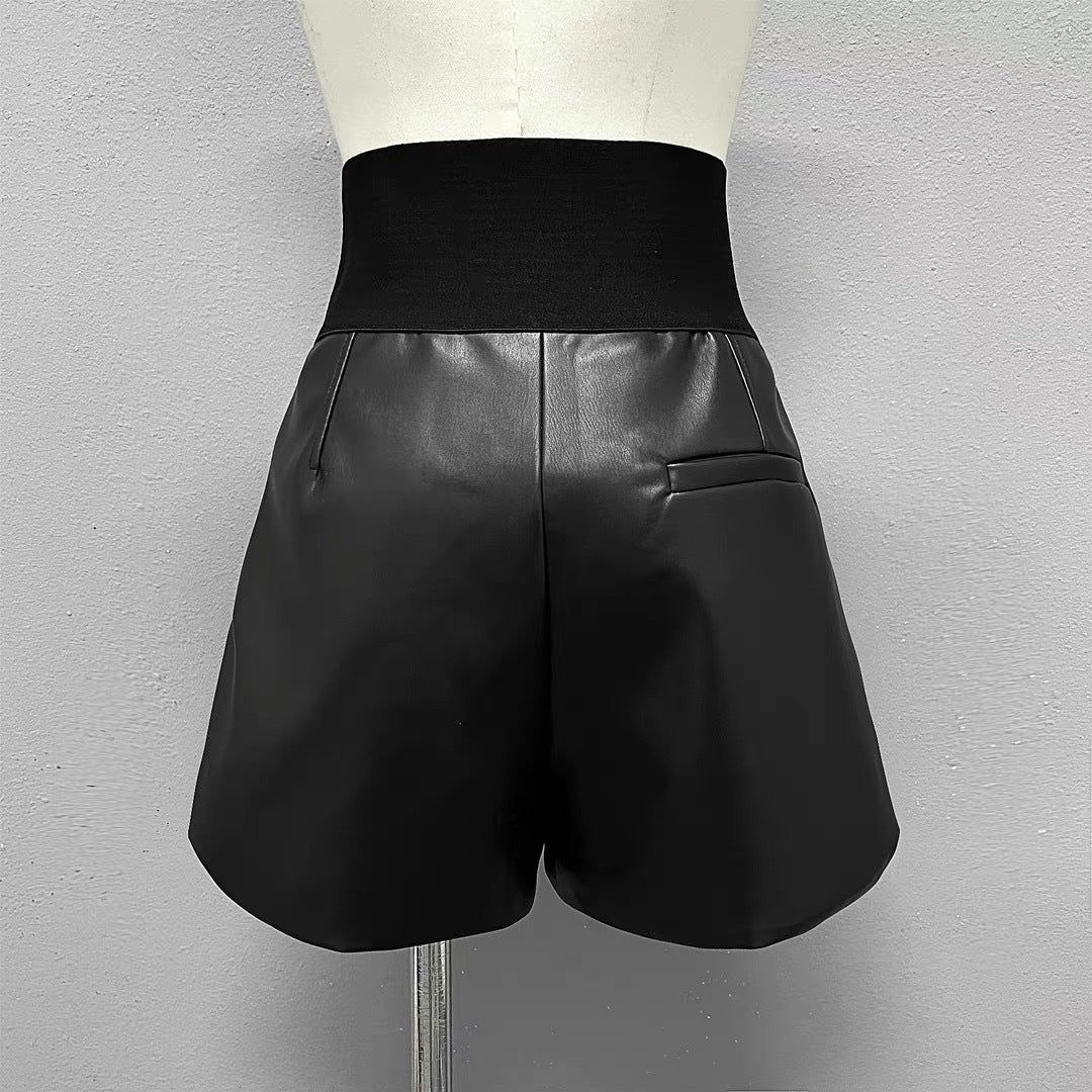 Elastic Wide Leg PU Leather Shorts