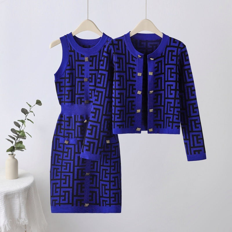 Maze Gold Button Dress Cardigan Set