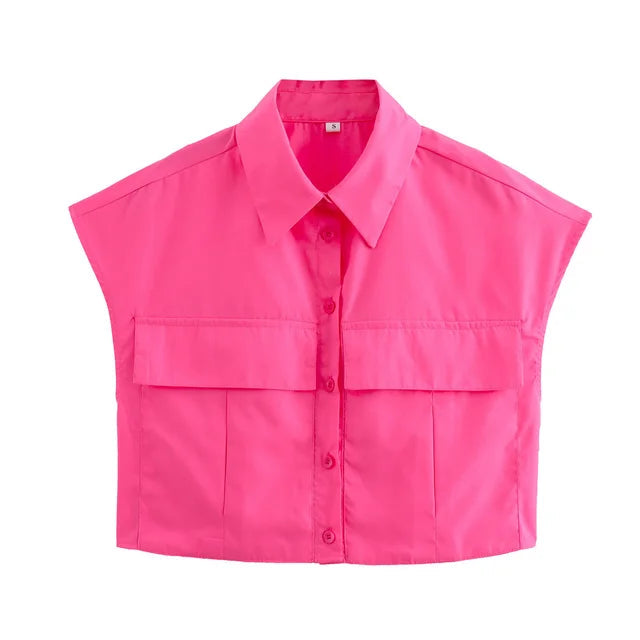 Solid Sleeveless Flip Pocket Short Top
