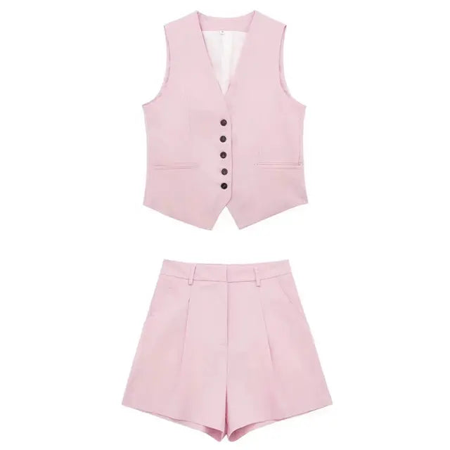 Solid Button Sleeveless Linen Vest + Shorts Set