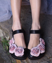 Black Cowhide Leather Vintage Splicing Floral Best Sandals