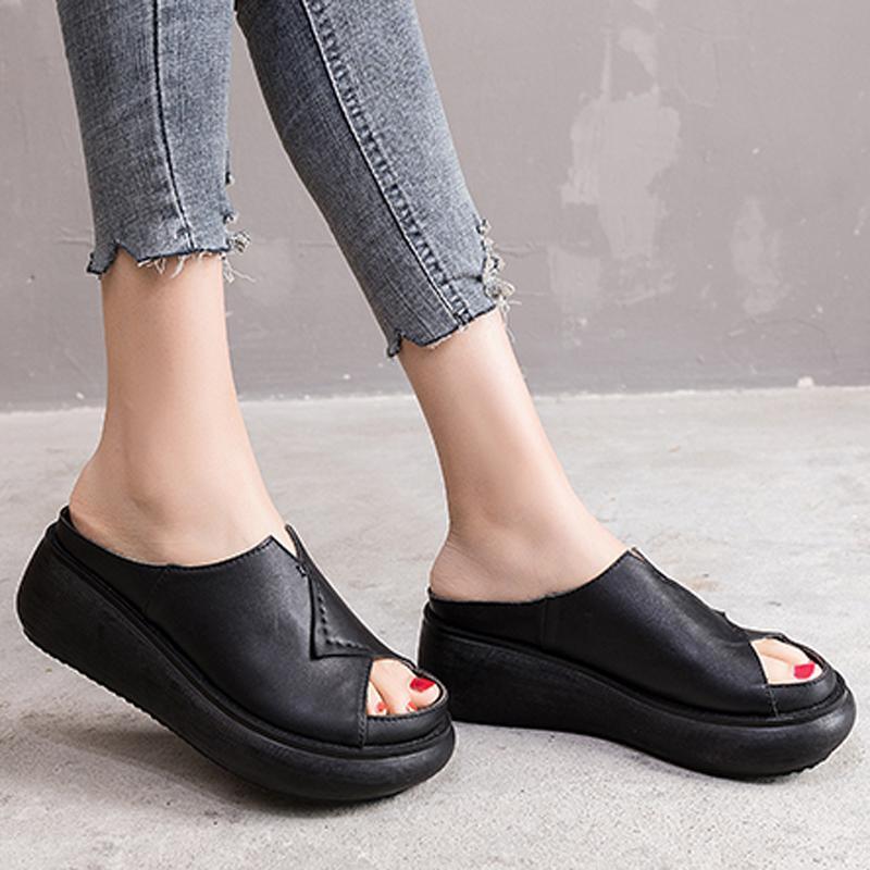 Women Sewing Platform Casual Leather Slippers