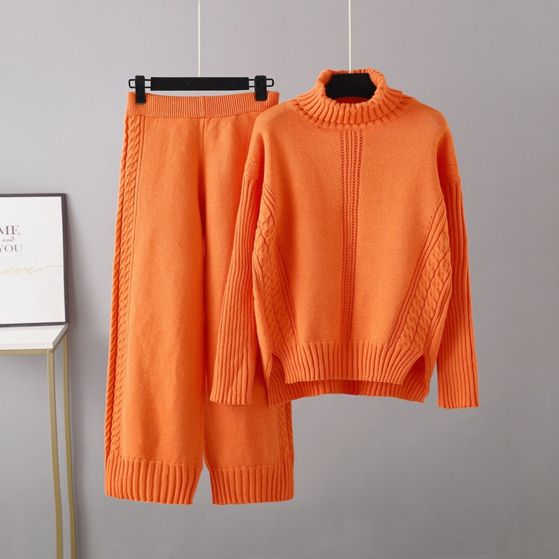 Casual Thick Turtleneck Knit Sweater + Wide Leg Knit Pants