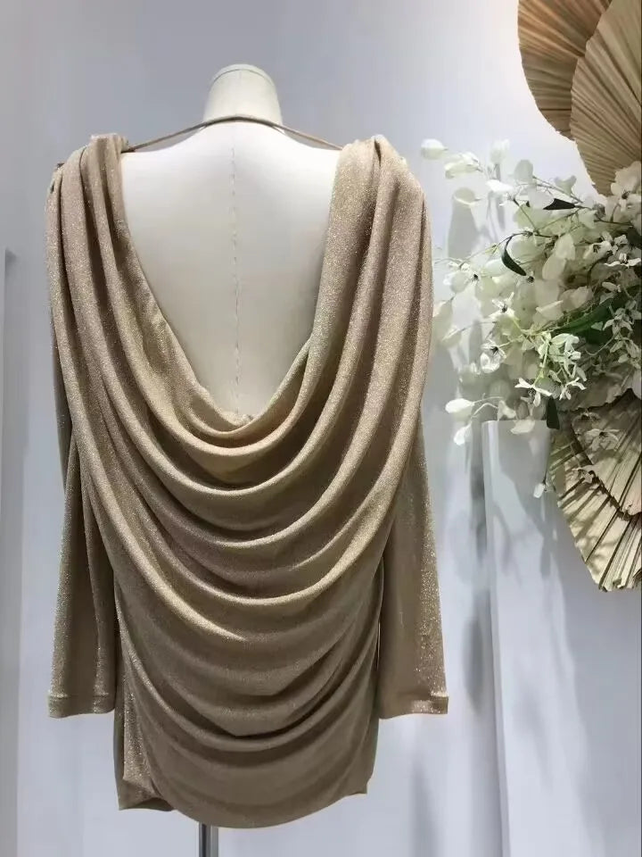 Draped Metallic Backless Mini Dress