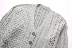 Studded Braided Knit Ripped Cardigan