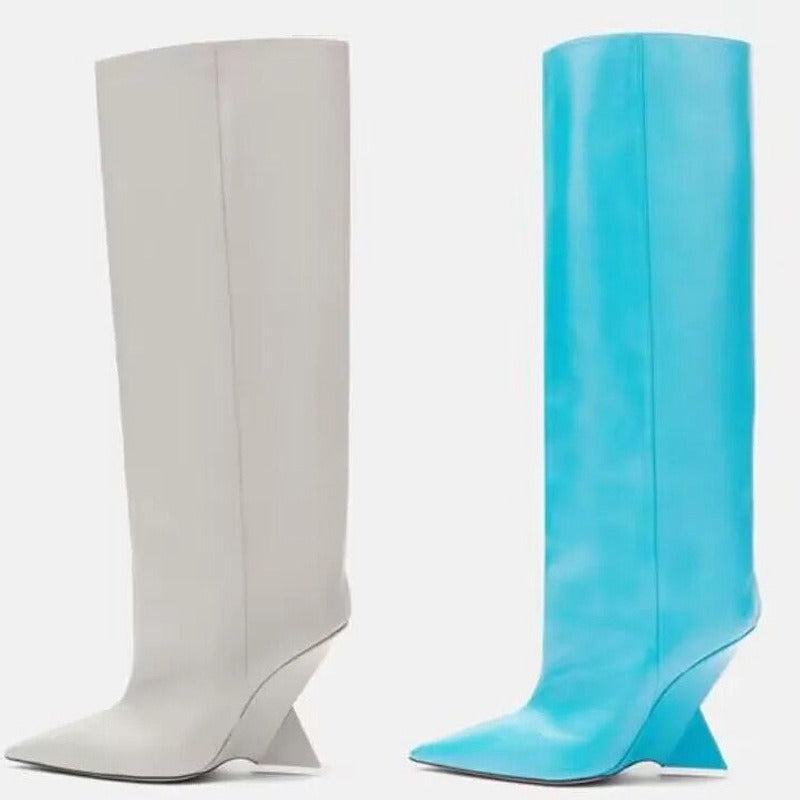 Geometrical Heel Pointed Knee-High Boots