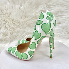 Green Heart Patent Leather Pointed-Toe Shoes