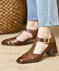 Brown Hollow Out Chunky Cowhide Leather Chic Splicing Sandals