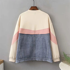 Denim Spliced Cotton Zip-Up Jacket