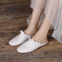 Women Vintage Leather Ruffle Trim Casual Slippers