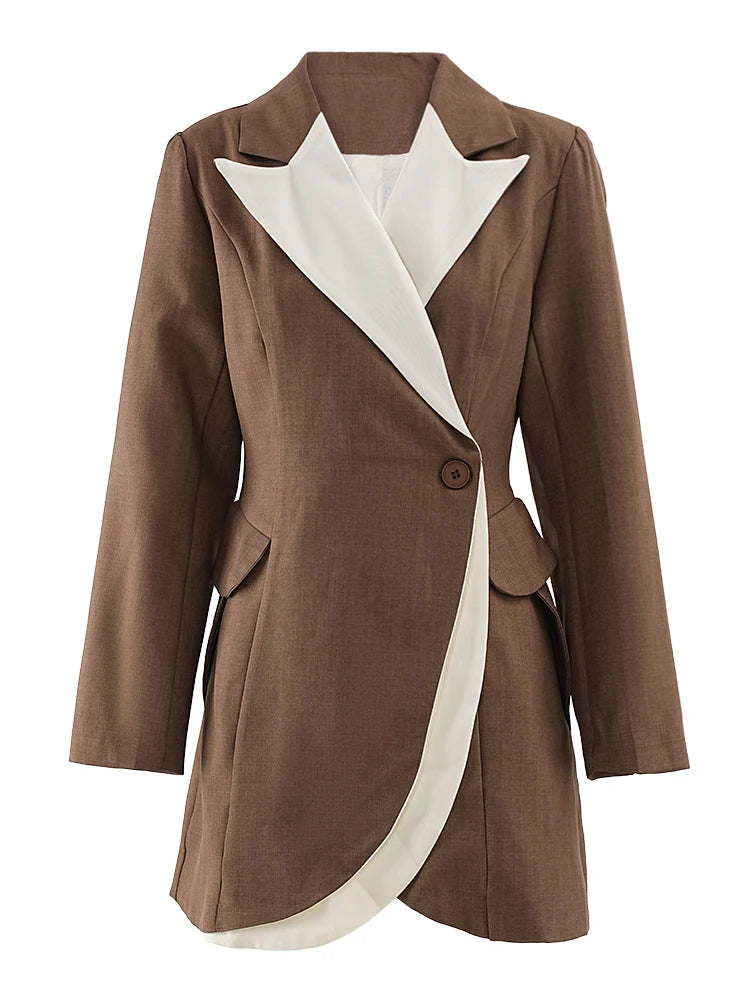 Slanted Collar Overlapping Color Block Coat