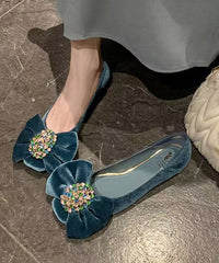 Blue Flat Feet Shoes Velour Chic Splicing Bow Zircon