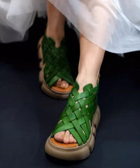 Cowhide Leather Splicing Green Hollow Out Sandals Peep Toe