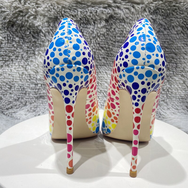 Multicolor Polka-Dots Printed Patent Pointed-Toe Shoes